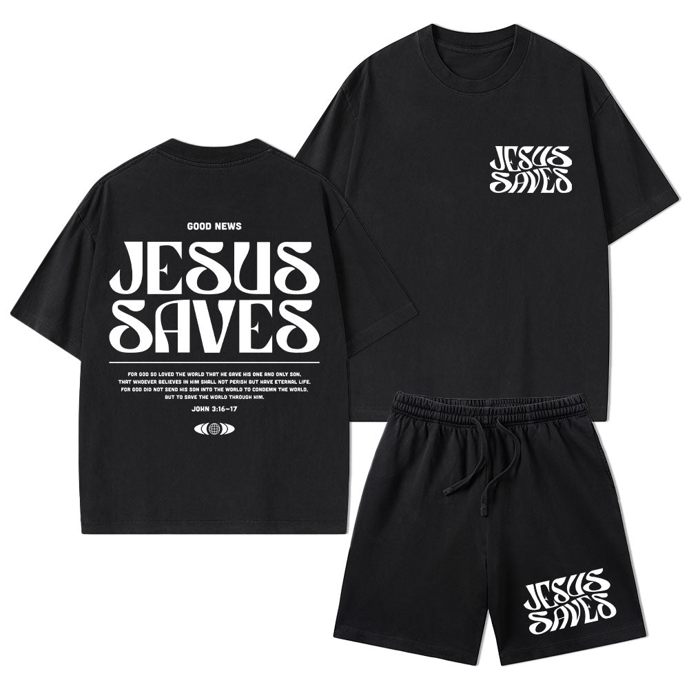 Jesus Saves Christian Washed T-Shirt & Shorts
