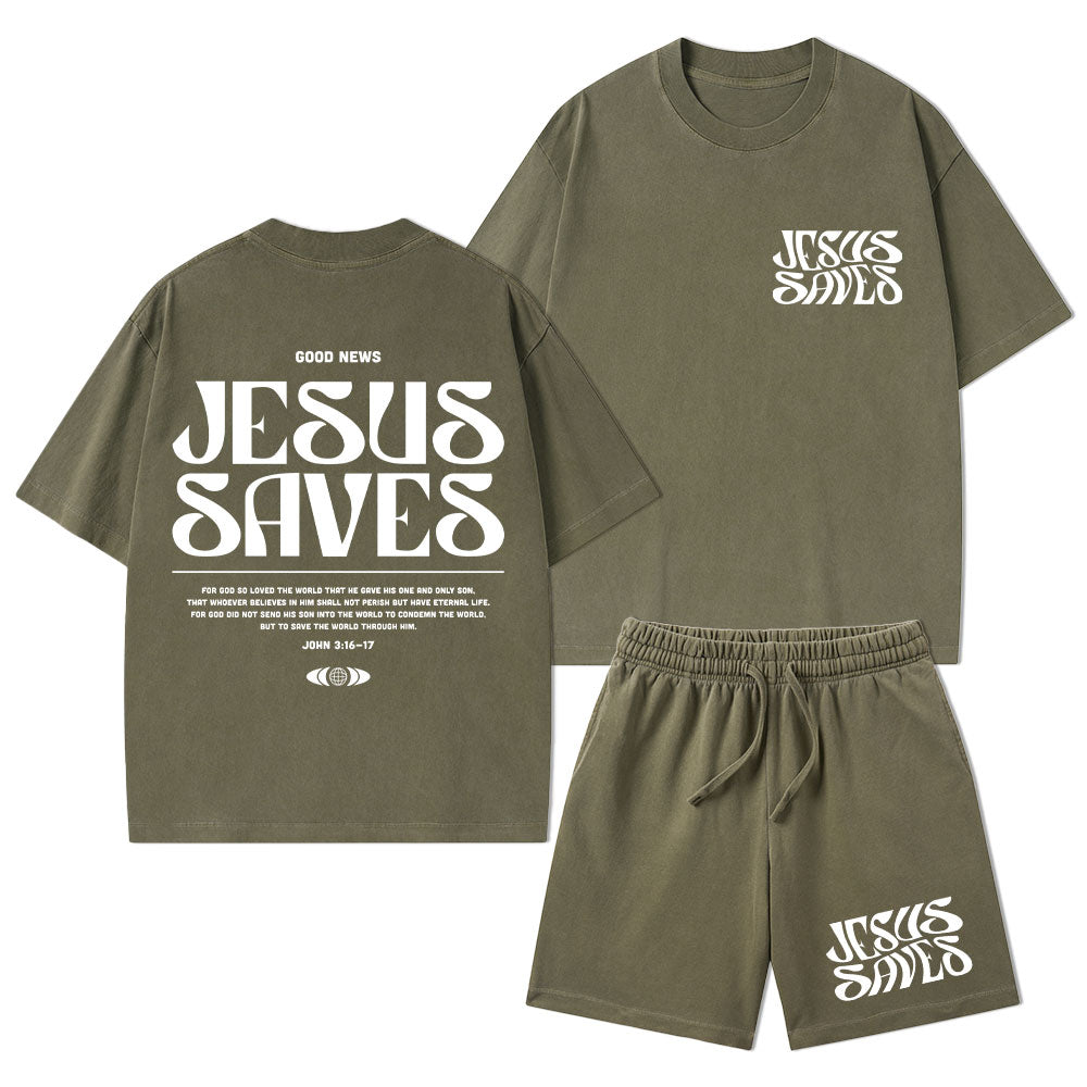 Jesus Saves Christian Washed T-Shirt & Shorts