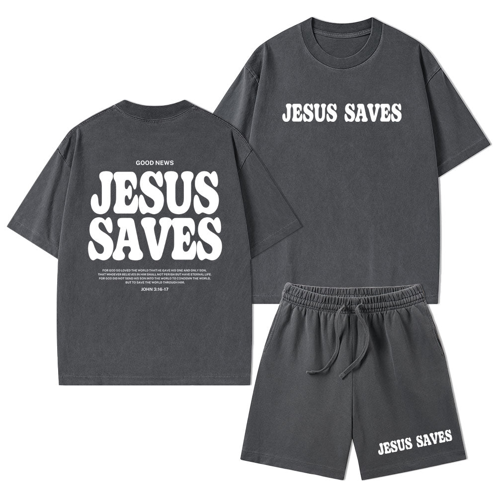 Jesus Saves Christian Washed T-Shirt & Shorts