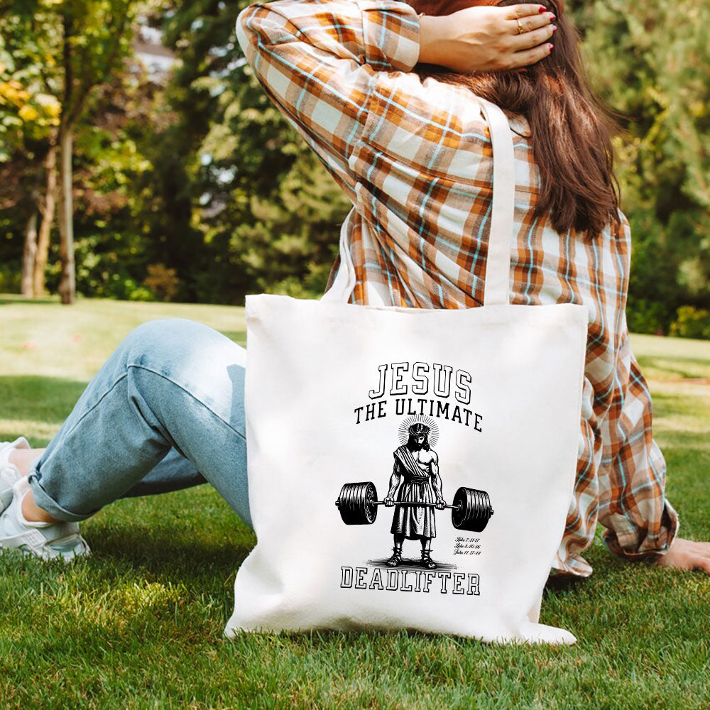 Jesus The Ultimate Deadlifter Christian Canvas Tote Bag