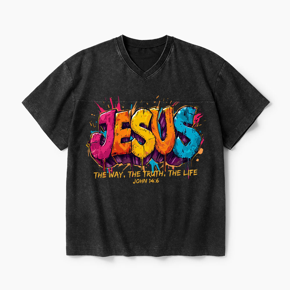 Jesus The Way The Truth The Life Christian Washed V-Neck T-Shirt