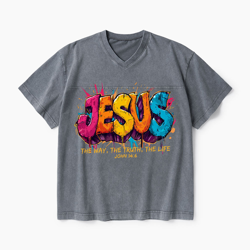 Jesus The Way The Truth The Life Christian Washed V-Neck T-Shirt