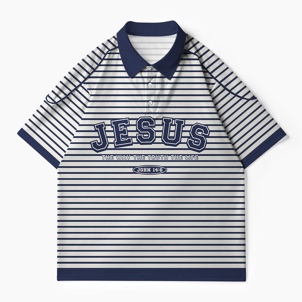 Jesus The Way The Truth The Life Stripes Christian Buttoned Polo Jersey
