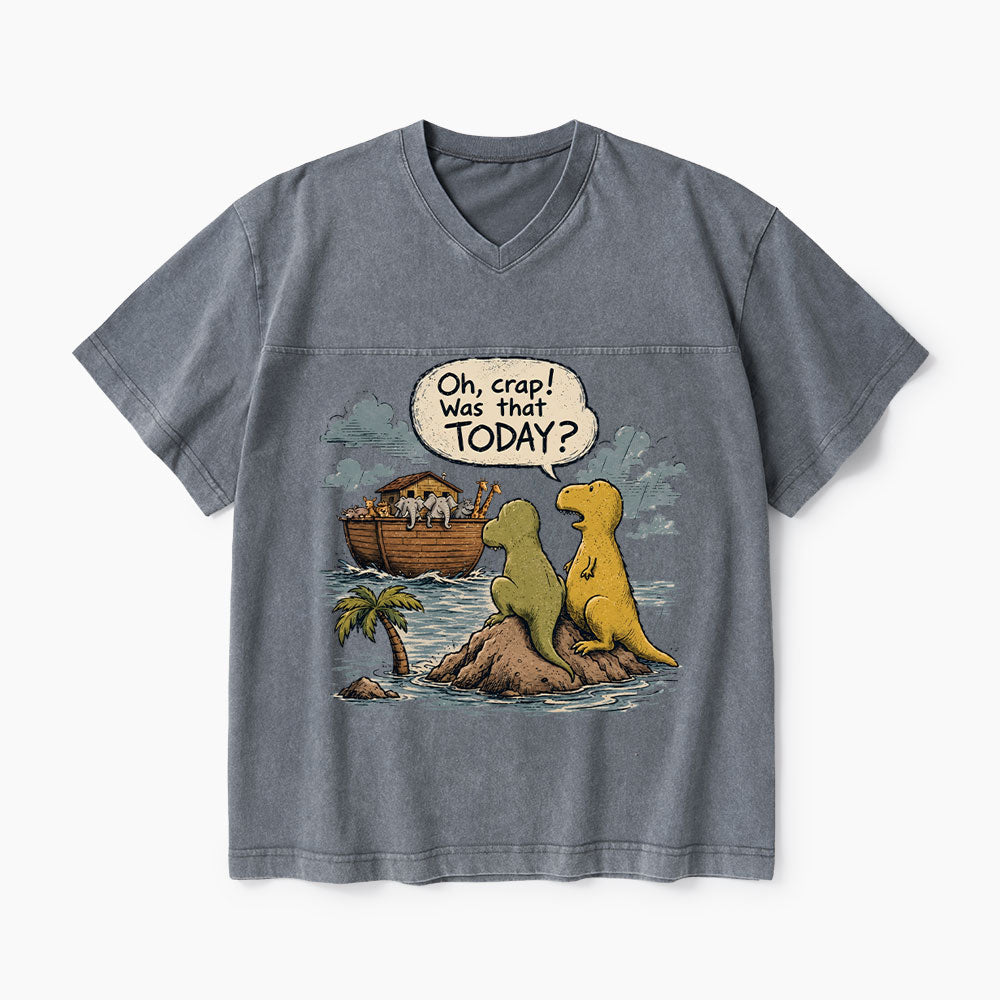 Noah's Ark Funny Dinosaurs Christian Washed V-Neck T-Shirt