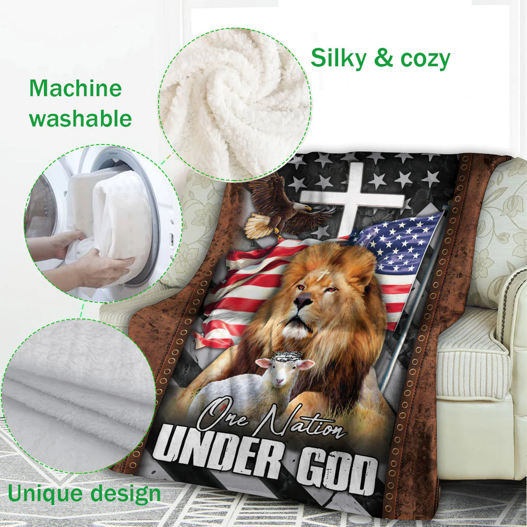 One Nation Under God Vintage Eagle Lion Lamb Jesus Cross Christian Blanket
