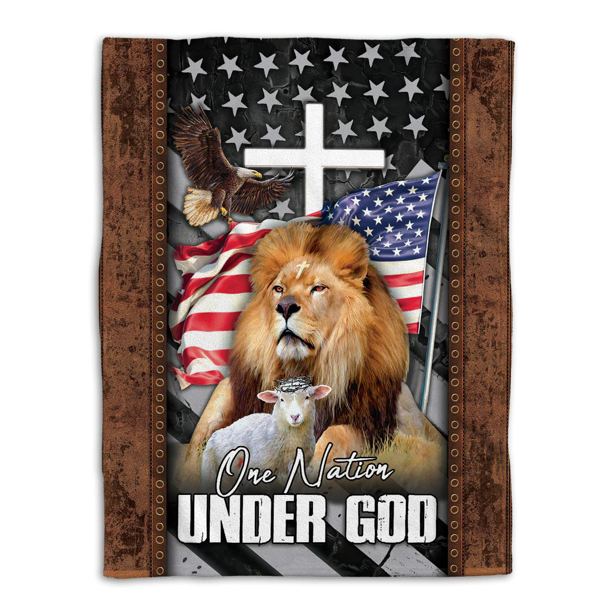 One Nation Under God Vintage Eagle Lion Lamb Jesus Cross Christian Blanket