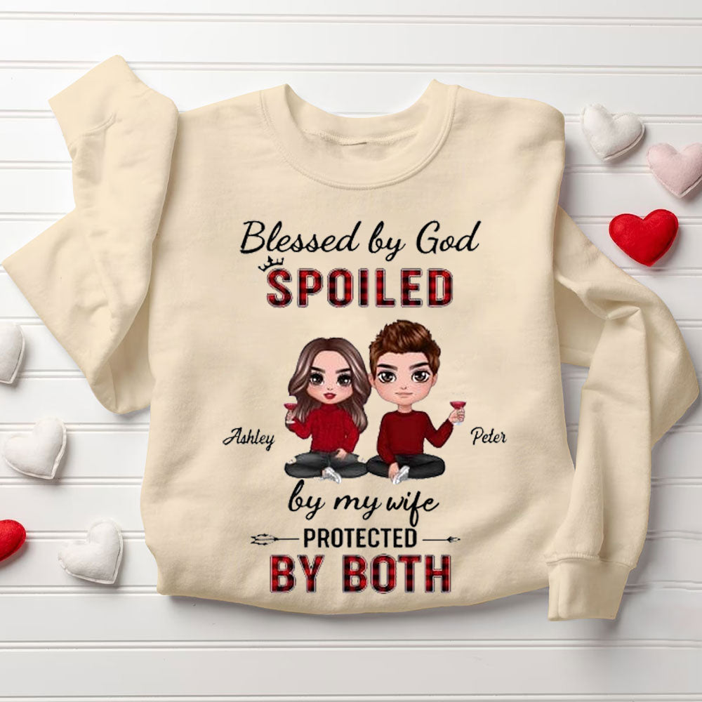 Personalized Blessed By God Spoiled By My Husband & Wife Christian Couple Sweatshirt