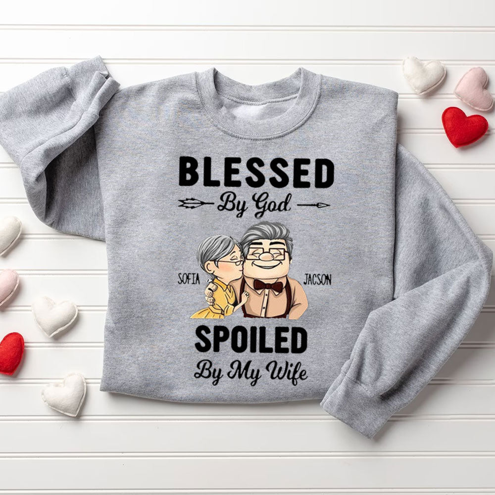 Personalized Blessed By God Spoiled By My Husband & Wife Christian Couple Sweatshirt