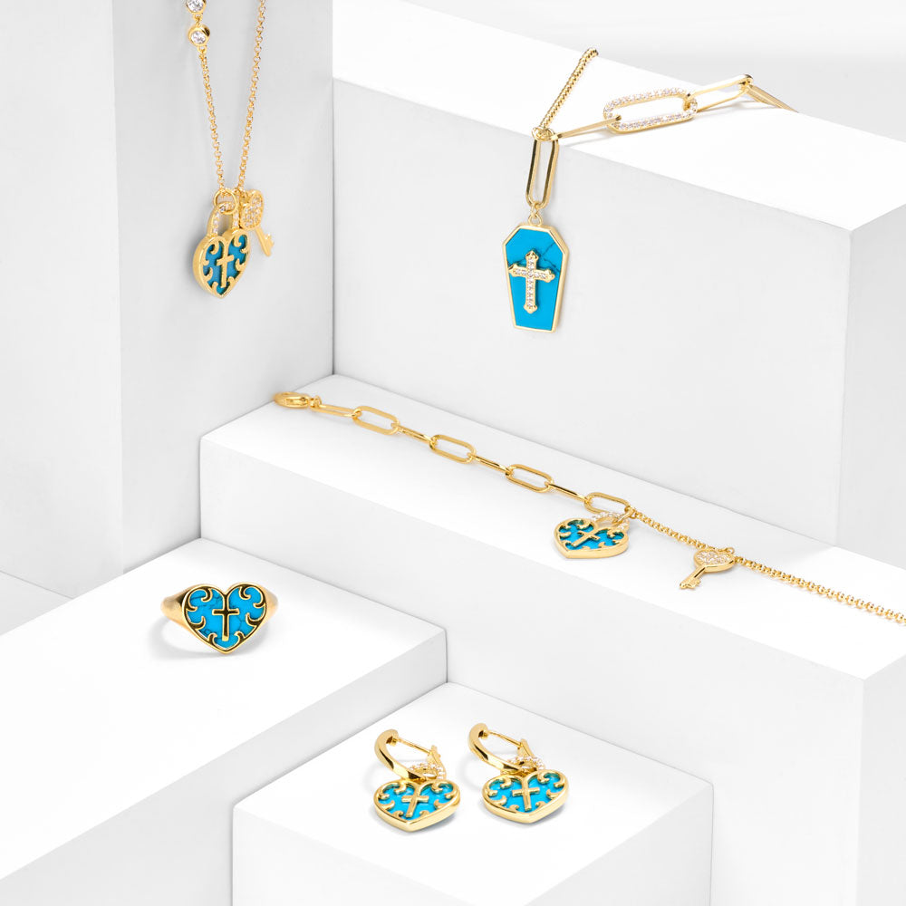 Retro Turquoise Green Heart Cross Collection Necklace