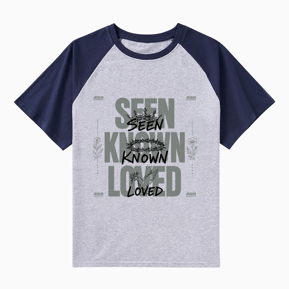 Seen Known Loved Christian Raglan Sleeve T-Shirt