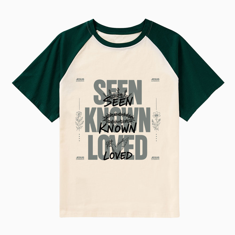 Seen Known Loved Christian Raglan Sleeve T-Shirt