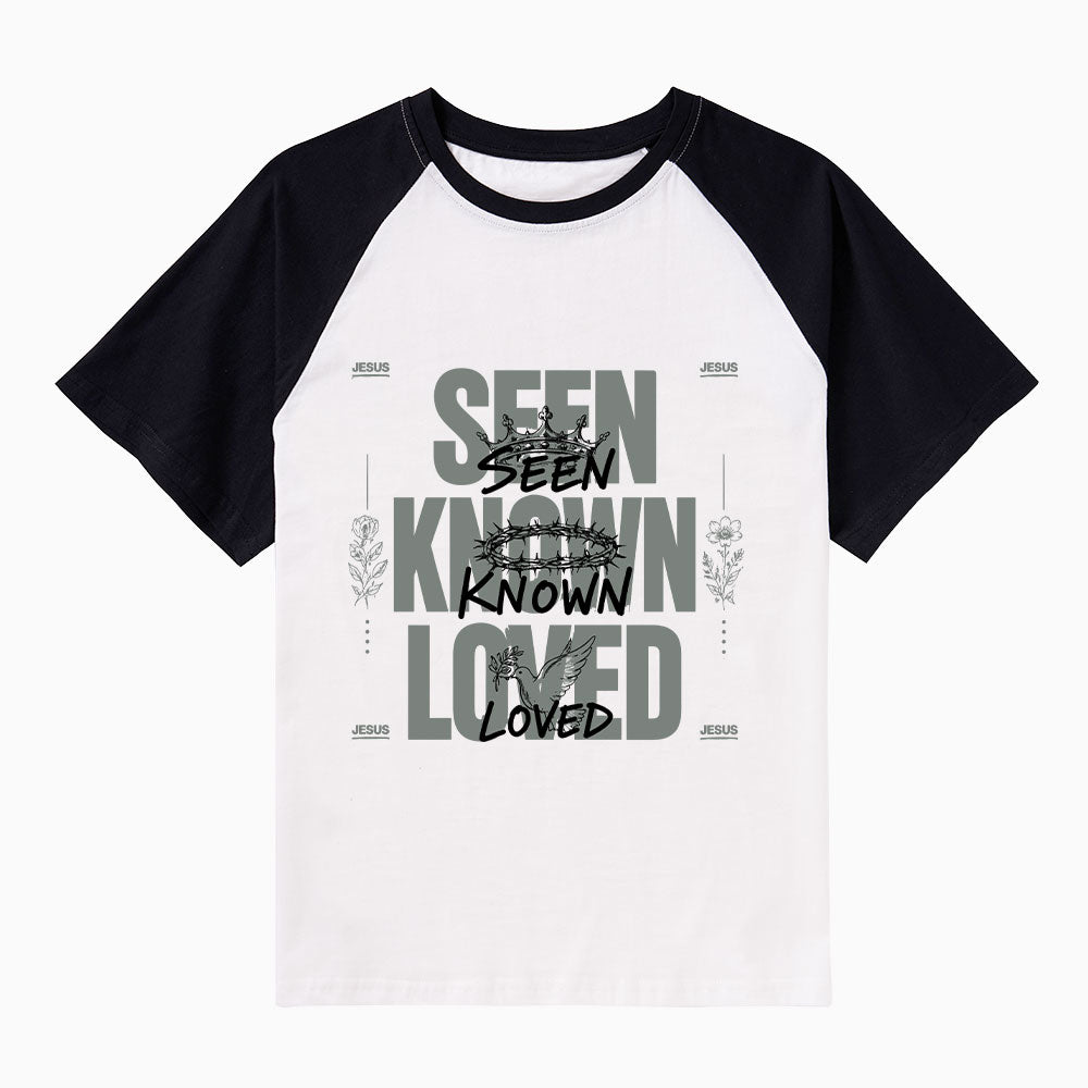 Seen Known Loved Christian Raglan Sleeve T-Shirt