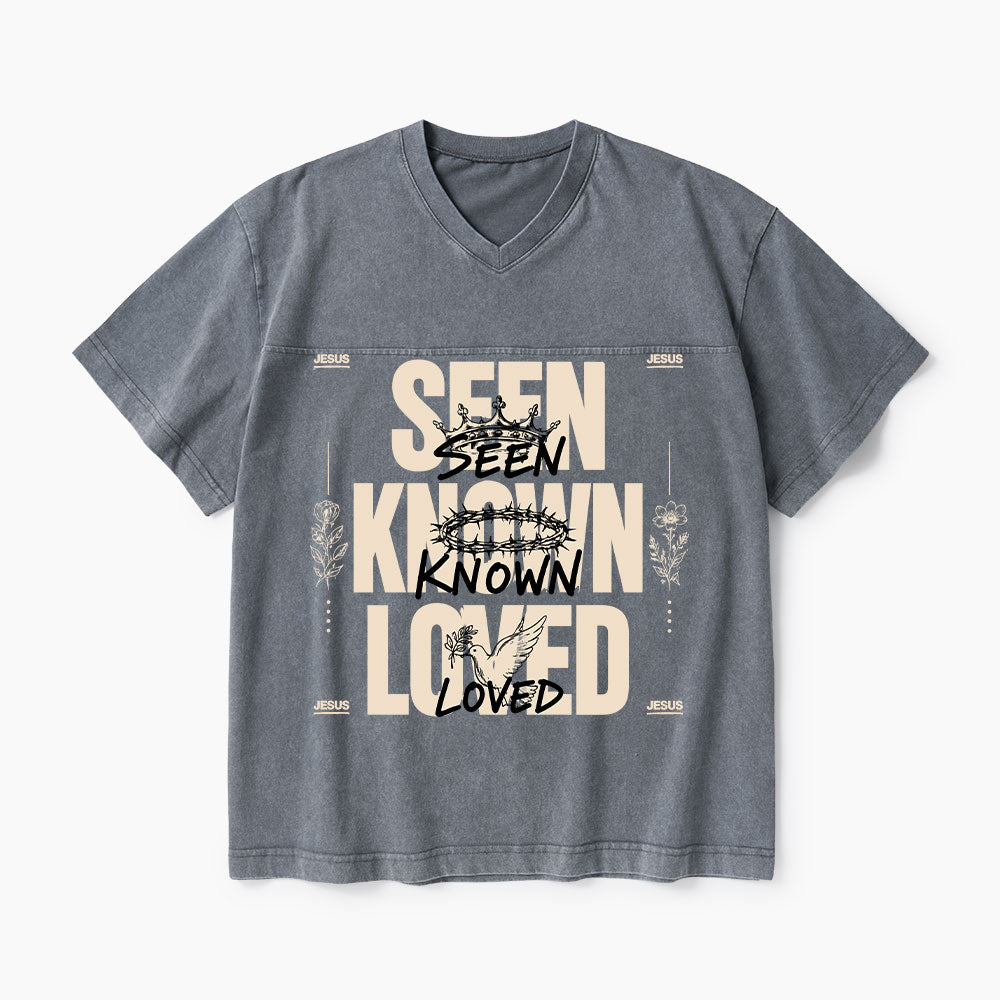 Seen Known Loved Christian Washed V-Neck T-Shirt