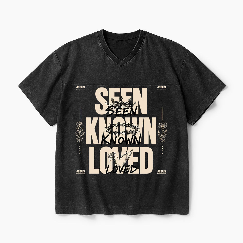 Seen Known Loved Christian Washed V-Neck T-Shirt