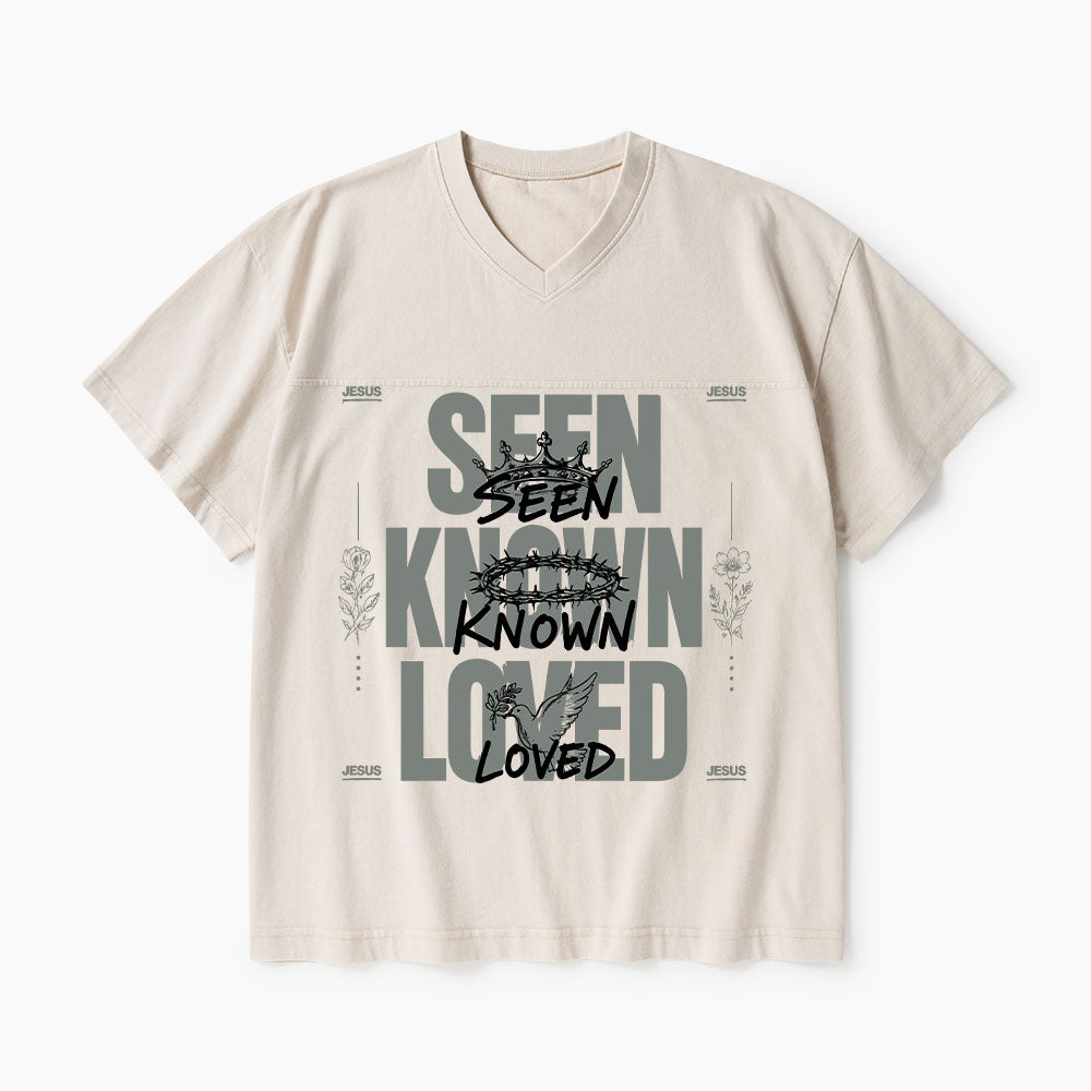 Seen Known Loved Christian Washed V-Neck T-Shirt