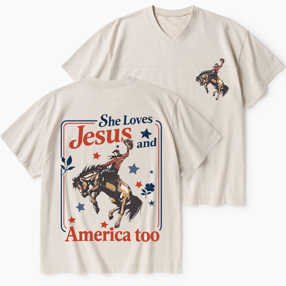 She Loves Jesus And America Too Christian Washed V-Neck T-Shirt