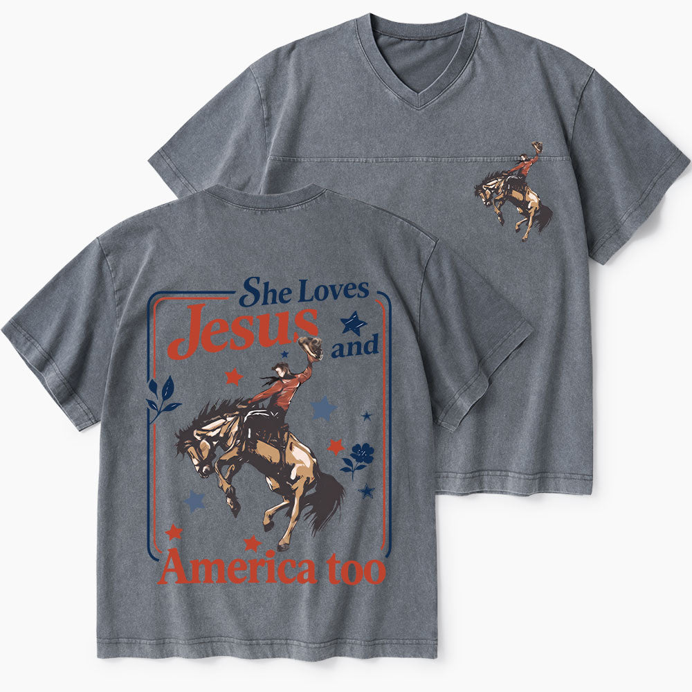 She Loves Jesus And America Too Christian Washed V-Neck T-Shirt