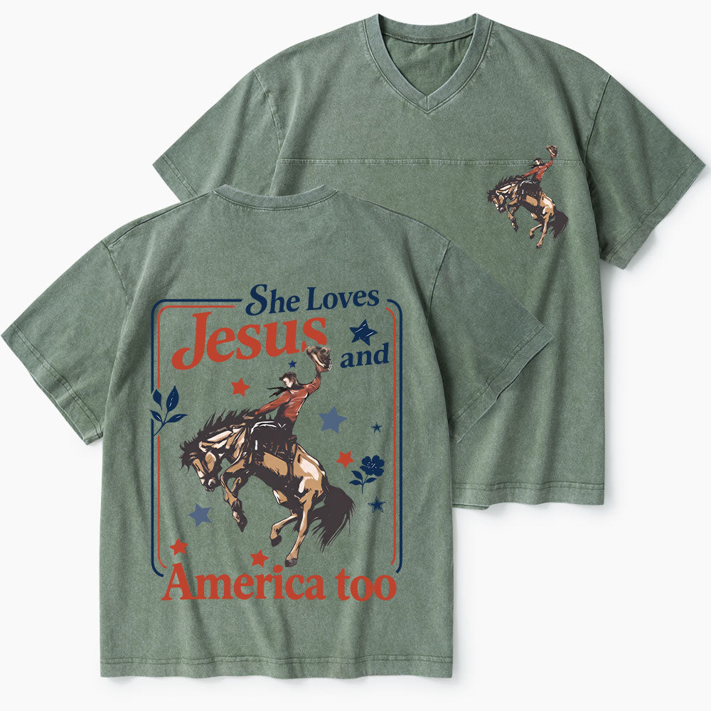 She Loves Jesus And America Too Christian Washed V-Neck T-Shirt