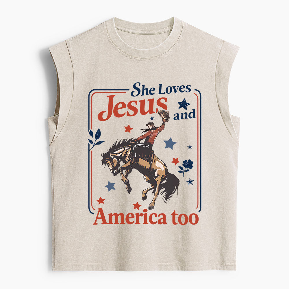 She Loves Jesus And America Too Christian Women's Washed Tank Top
