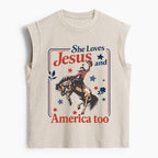She Loves Jesus And America Too Christian Women's Washed Tank Top