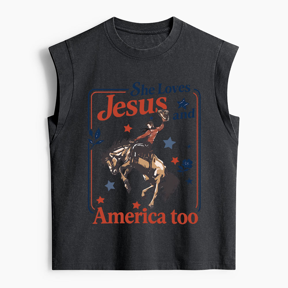 She Loves Jesus And America Too Christian Women's Washed Tank Top