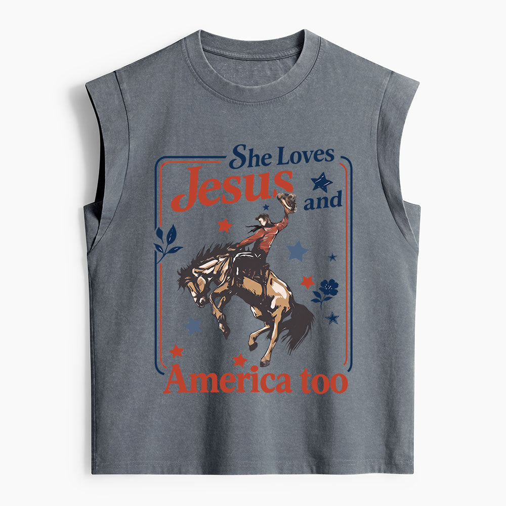 She Loves Jesus And America Too Christian Women's Washed Tank Top