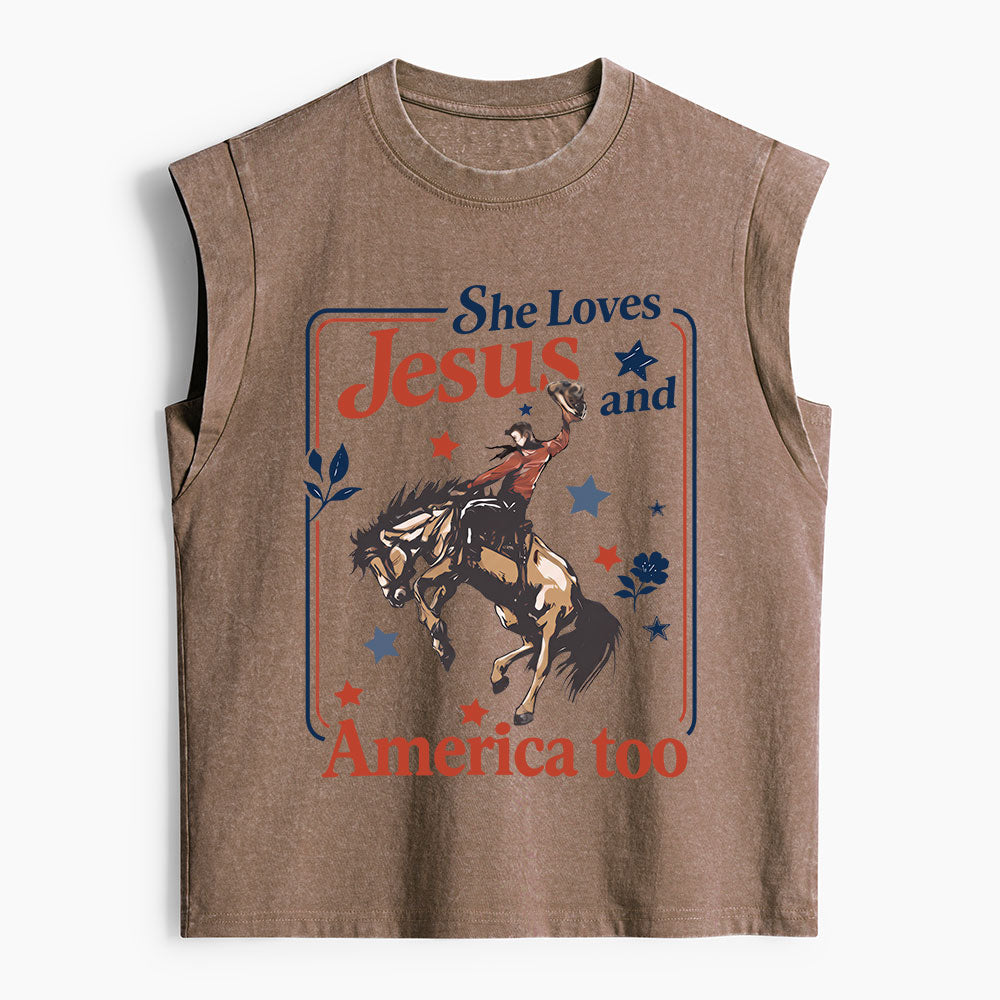 She Loves Jesus And America Too Christian Women's Washed Tank Top