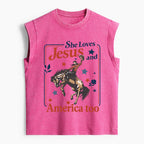 She Loves Jesus And America Too Christian Women's Washed Tank Top