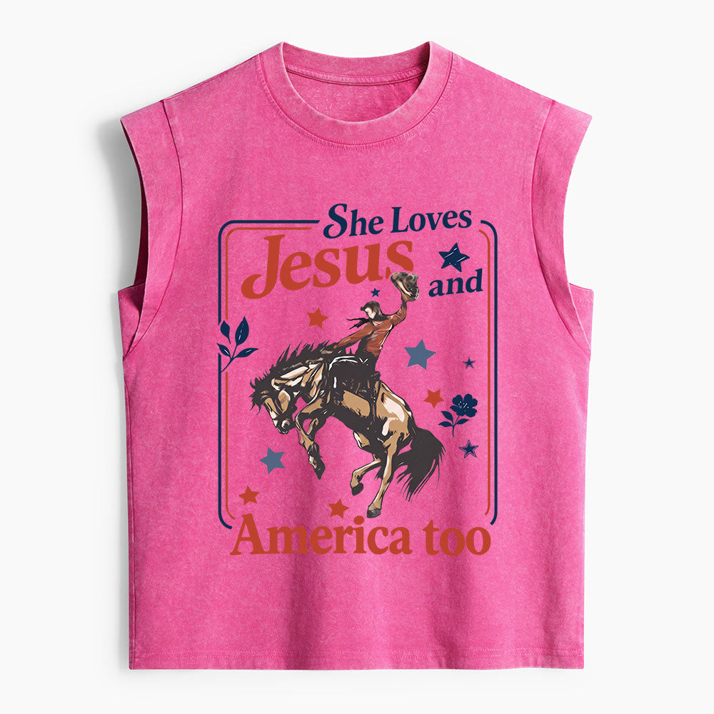 She Loves Jesus And America Too Christian Women's Washed Tank Top