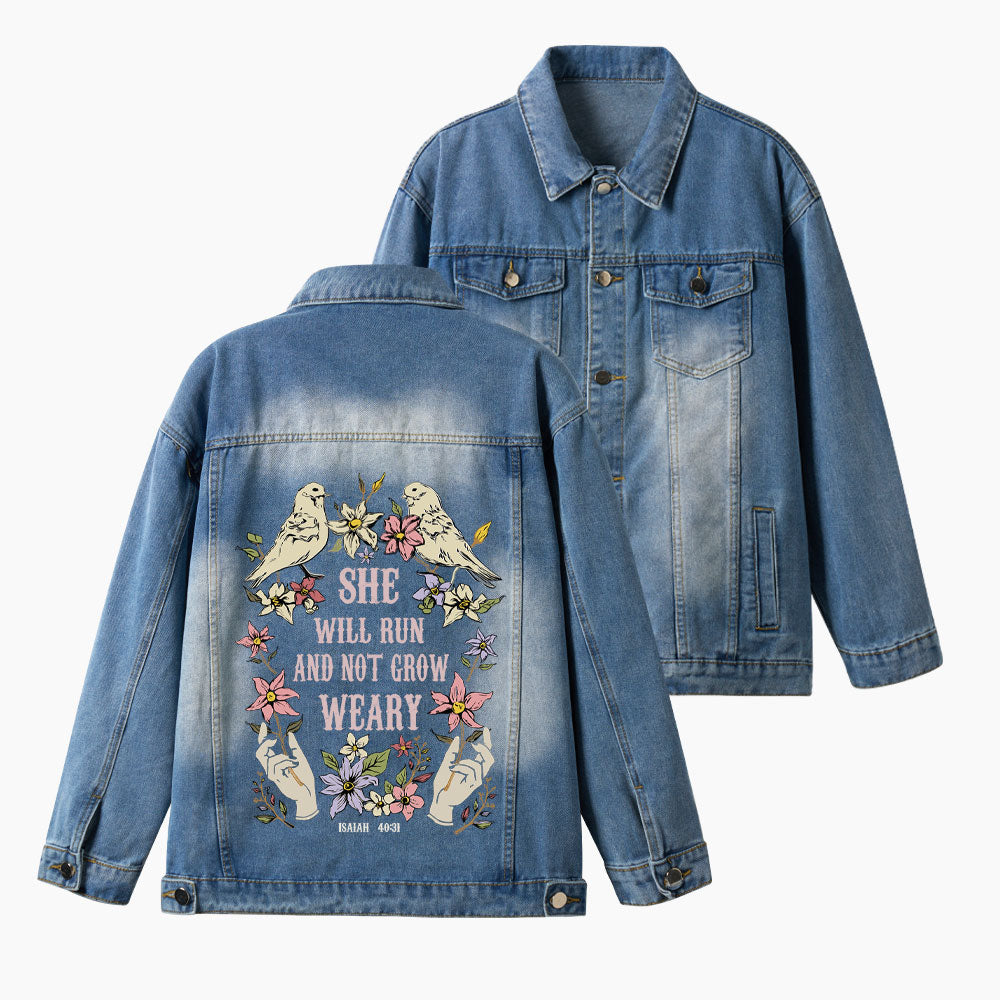 She Will Run And Not Grow Weary Christian Denim Jacket
