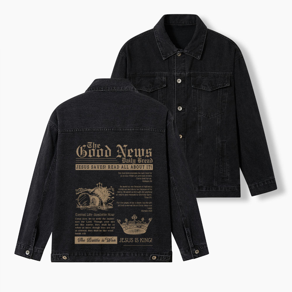 The Good News Jesus Is King Christian Denim Jacket