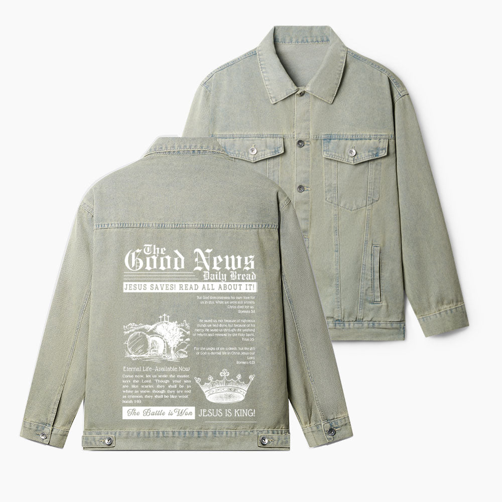 The Good News Jesus Is King Christian Denim Jacket