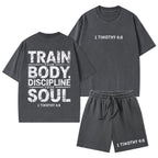 Train Your Body Discipline Your Soul Christian Washed T-Shirt & Shorts