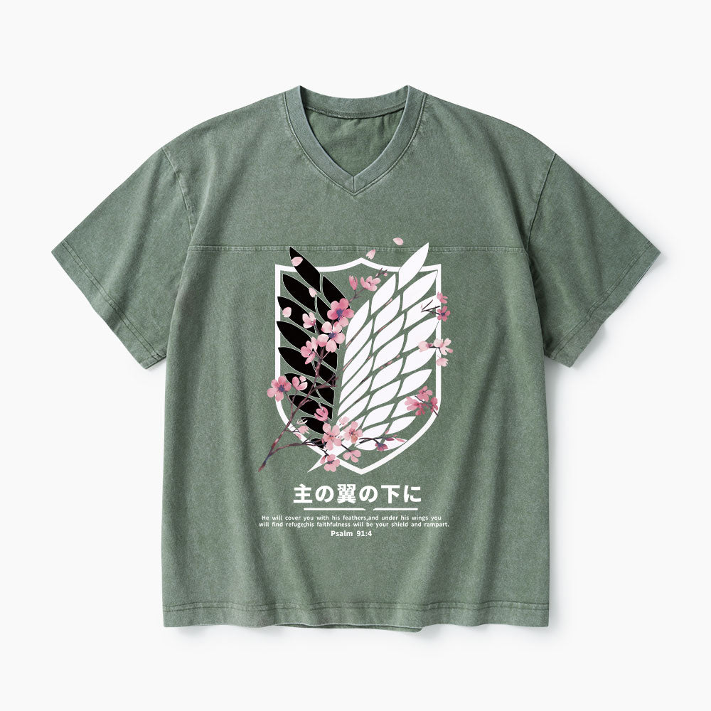 Under His Wings Christian Washed V-Neck T-Shirt
