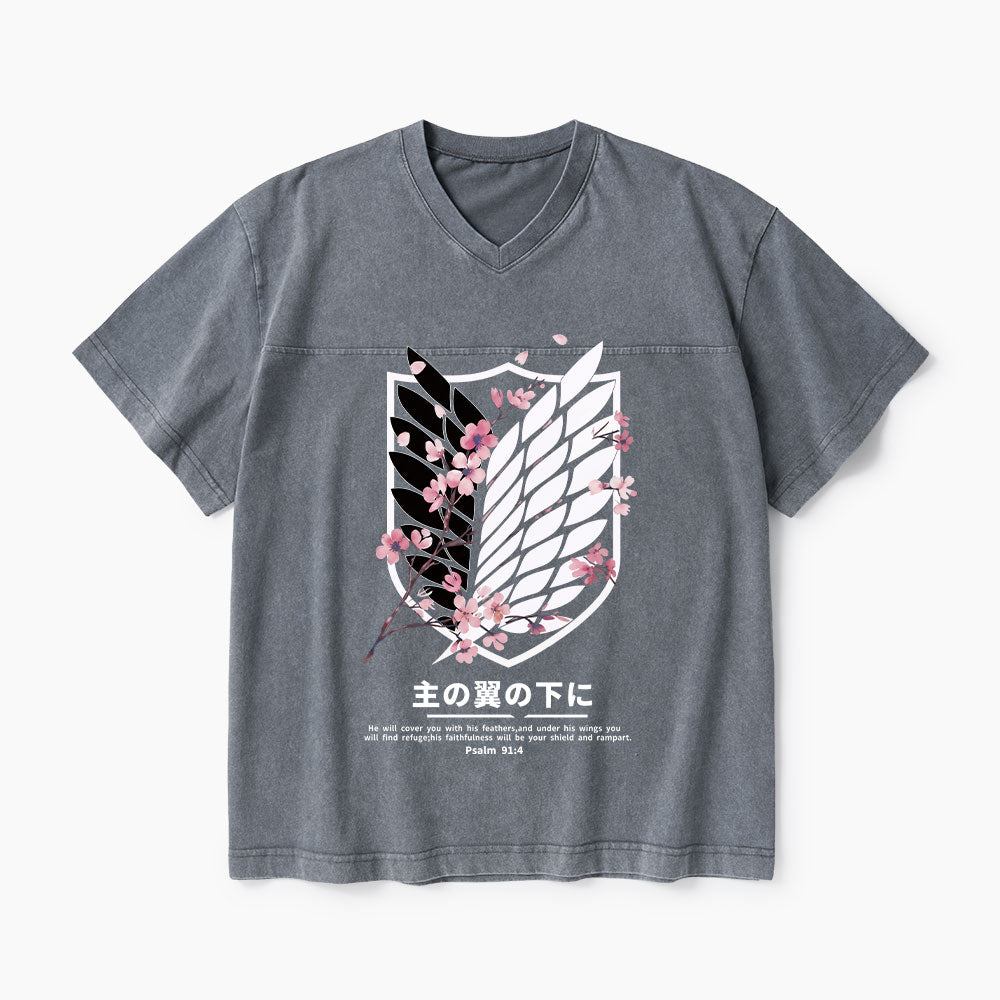 Under His Wings Christian Washed V-Neck T-Shirt