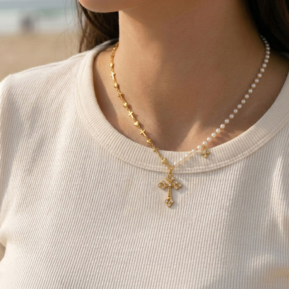 Gold Heart, Cross & Pearl Christian Necklace