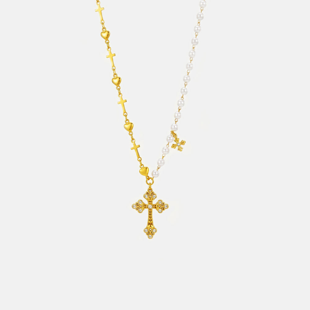 Gold Heart, Cross & Pearl Christian Necklace