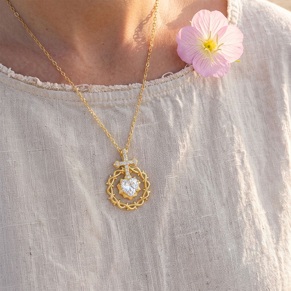 Sacred Heart Cross Crown of Thorns Christian Necklace
