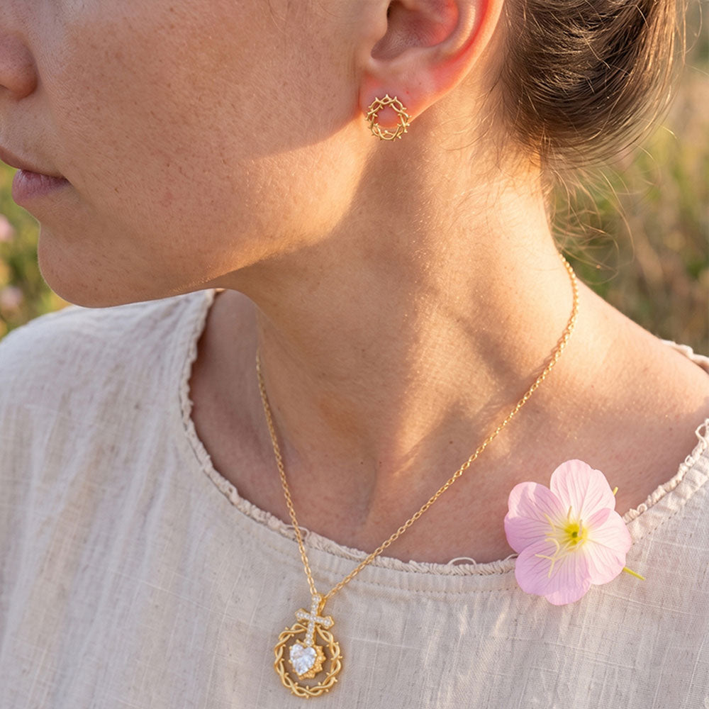 Sacred Heart Cross Crown of Thorns Christian Necklace