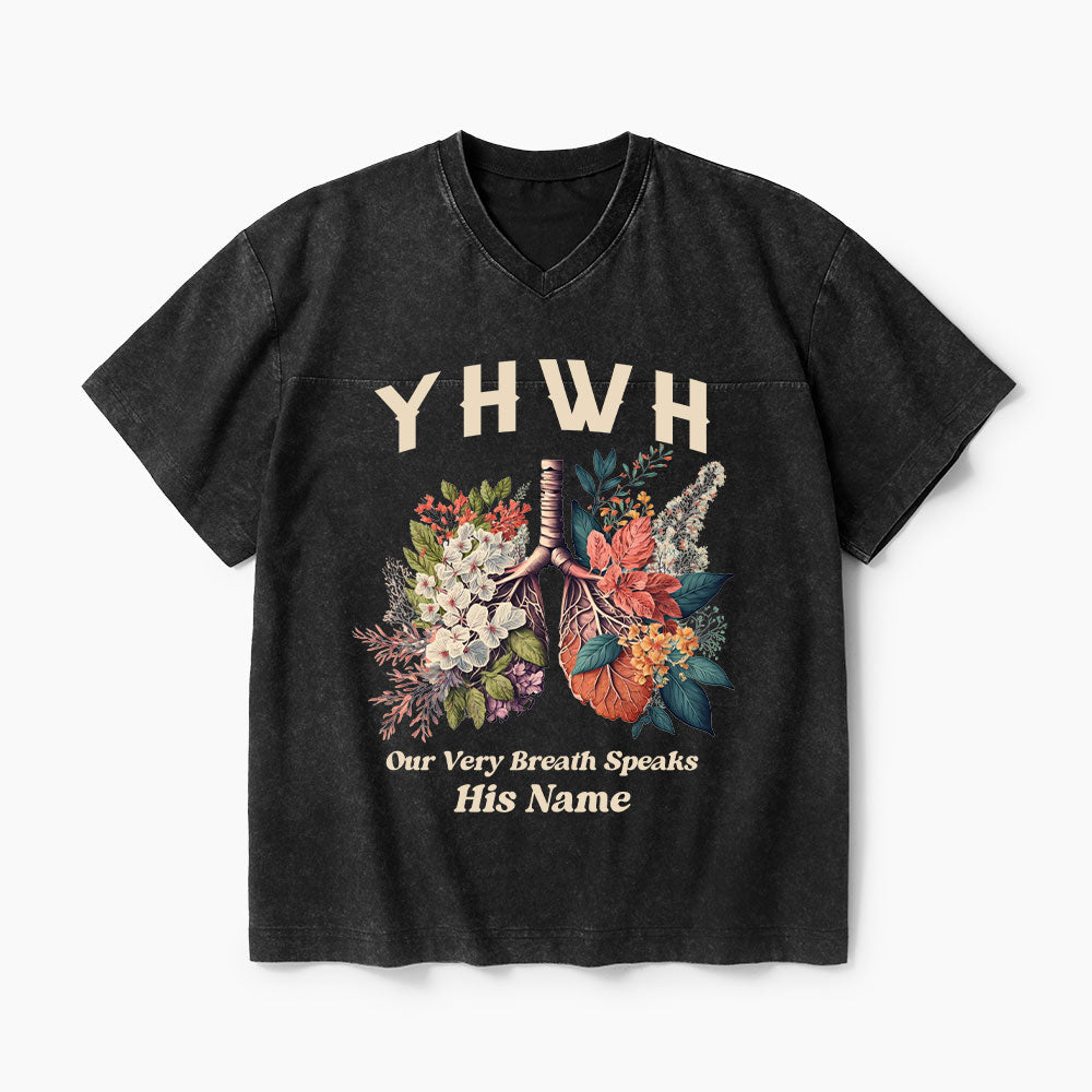YHWH Floral Nature Lung Christian Washed V-Neck T-Shirt