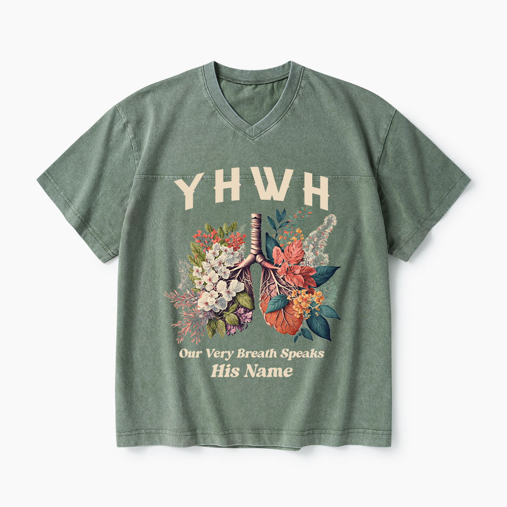YHWH Floral Nature Lung Christian Washed V-Neck T-Shirt
