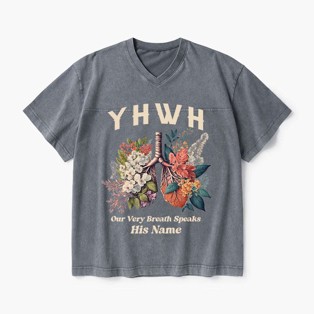 YHWH Floral Nature Lung Christian Washed V-Neck T-Shirt