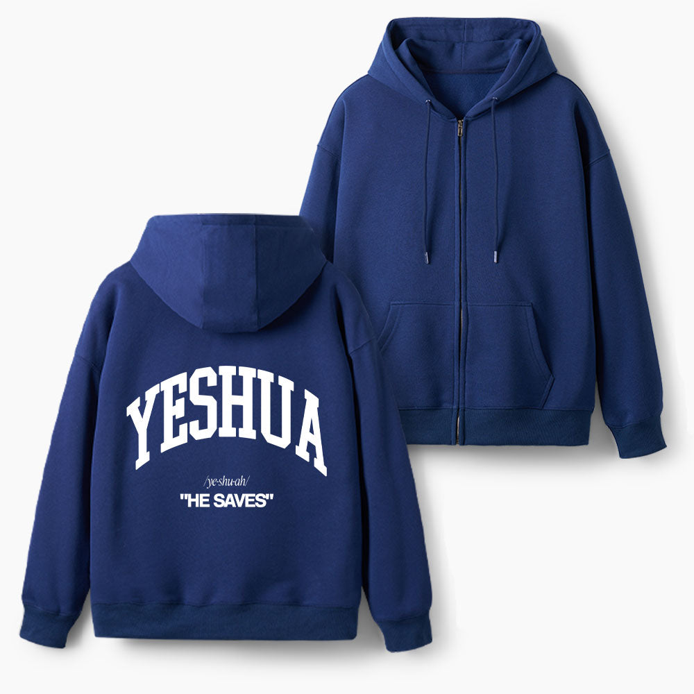Yeshua He Saves Christian Fleece-Lined Full-Zip Hoodie