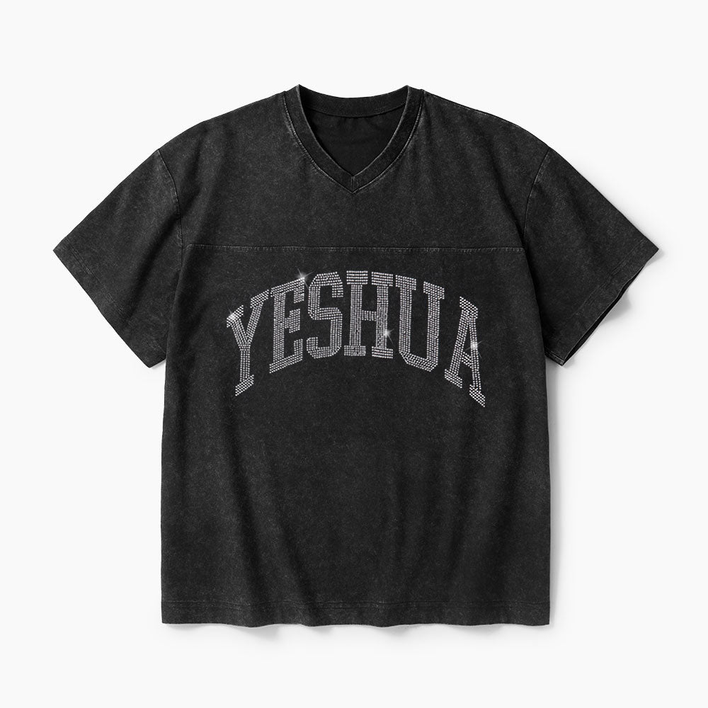 Yeshua Rhinestone Christian Washed V-Neck T-Shirt