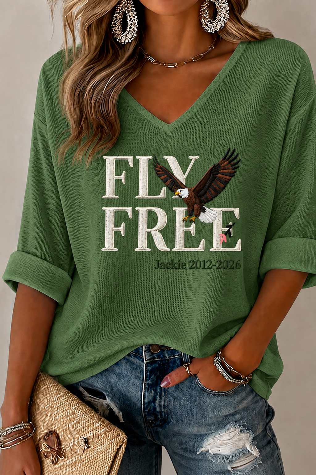 Women'S V-Neck Retro Forever Free Jackie Print T-Shirt
