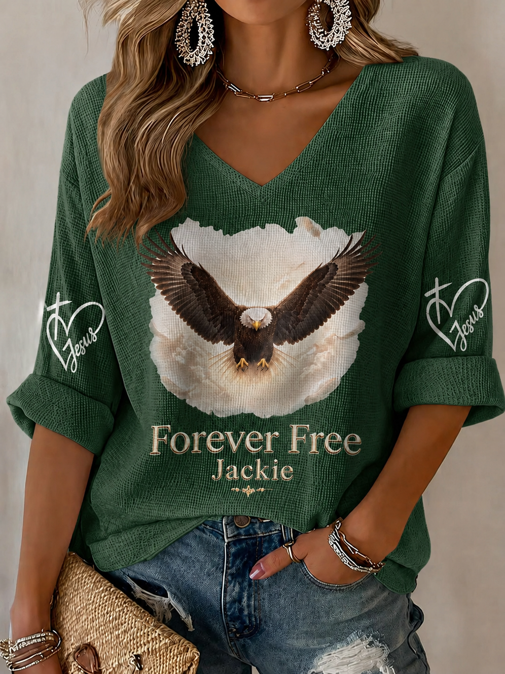 V-Neck Retro Forever Free Jackie Print T-Shirt