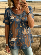 Women's Western Cactus Bull Skull Print Trim Short Sleeve Casual Top