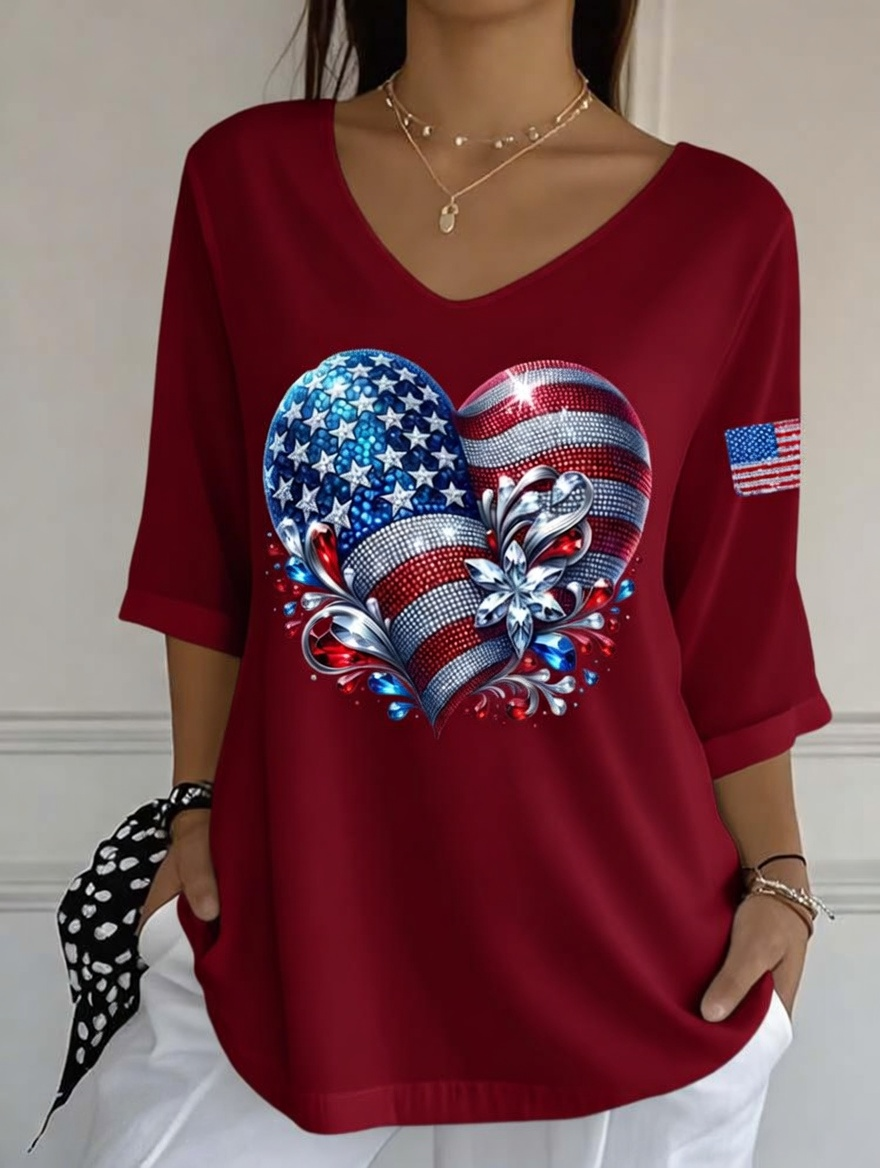 Women'S Casual American Flag Independence Day Print V-Neck Half Sleeved T-Shirt