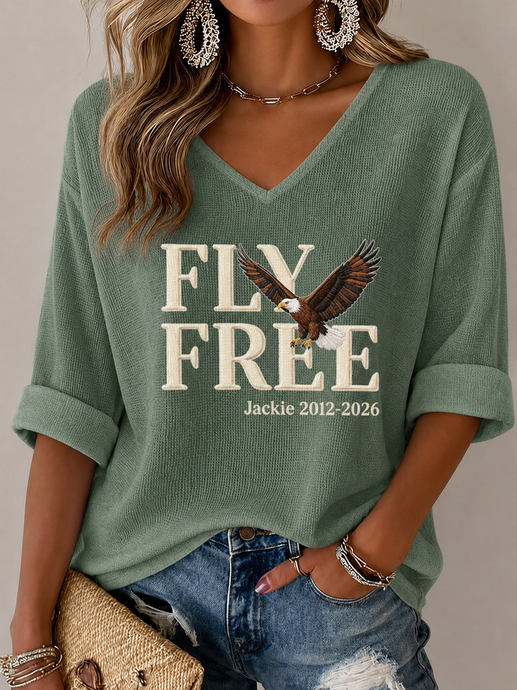 Women'S V-Neck Retro Forever Free Jackie Print T-Shirt