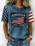 Women's casual round neck Patriot printed T-shirt